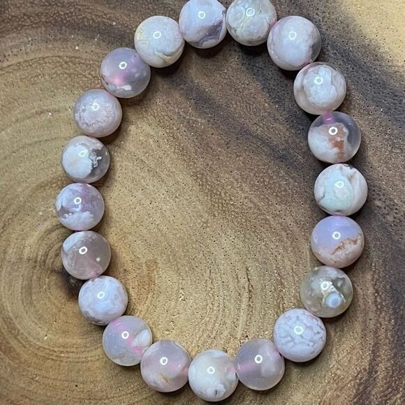 Pink green Flower Agate stretch beaded bracelet 7” crystal healing beads 8mm ONE - Picture 1 of 7